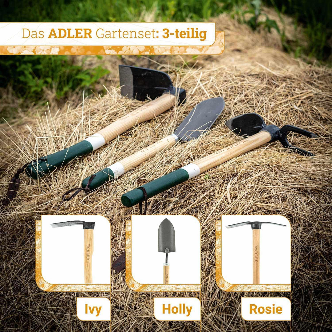 ADLER Garten-Set 3-TLG. – Geschmiedete Hacke, Kleinhacke Ivy & Pflanzkelle Holly – 45 cm Eschenholz-