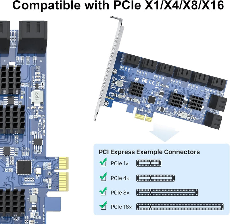 16 Port PCIe SATA Card, SATA3.0 Expansion Card, X1, with 16 SATA Cable, Support SSD and HDD, 16 Port