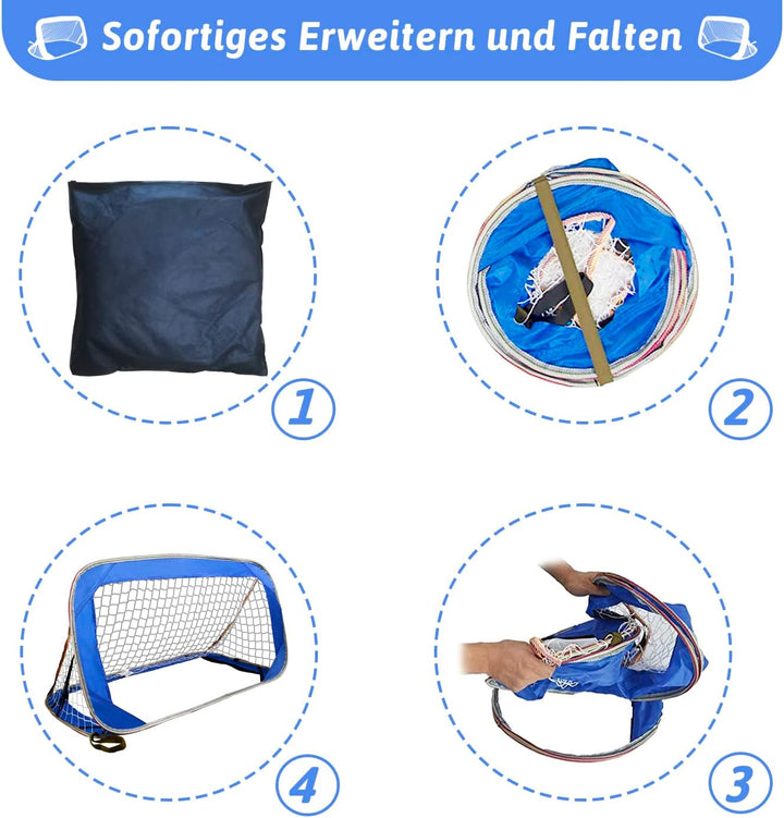 Fussballtore Kinder 2er Set: Pop-Up Fussballtor 120x70x70 cm, Blau, für Garten, mit Polyester-Netz,
