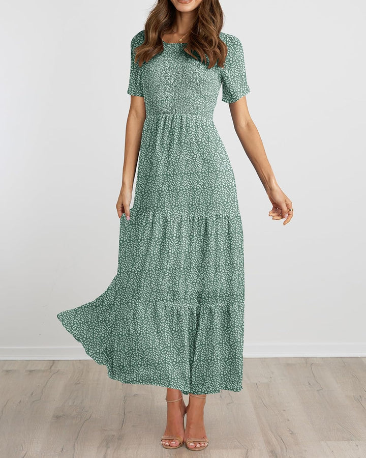 BTFBM Lässiges Sommerkleid für Damen, kurzärmelig, mit Rundhalsausschnitt, Boho-Stil, mit Blumendruc