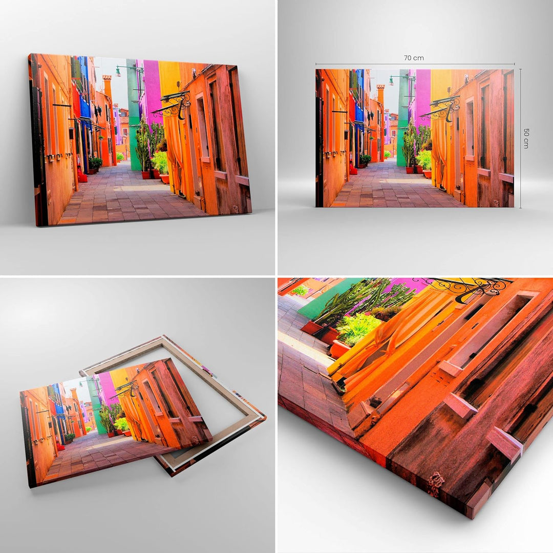 Bilder auf Leinwand Sommer Strasse Haus Leinwandbild mit Rahmen 70x50cm Wandbilder Dekoration Wohnzi