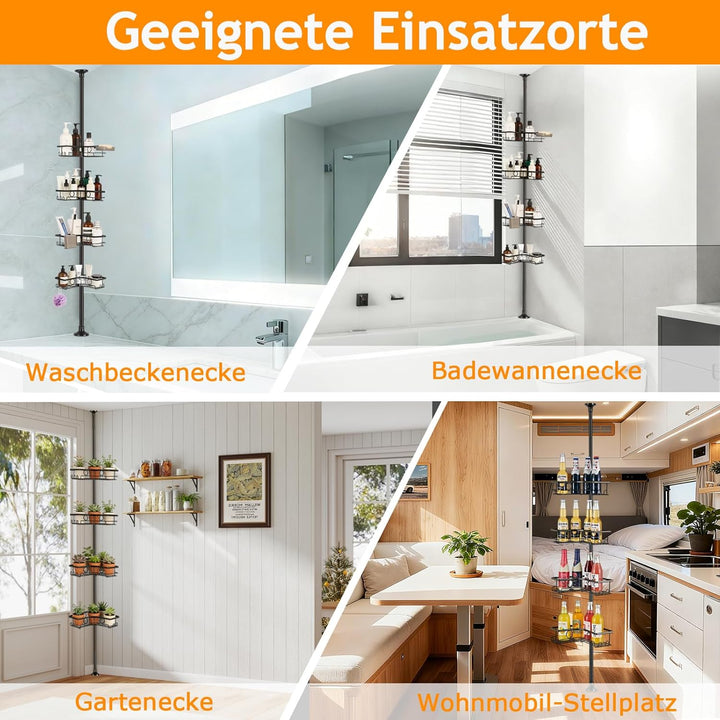 Duschregal Teleskop ohne Bohren, Teleskop Duschregal – Bathroom Organizer mit 4 Ablagen & Haken, 77.
