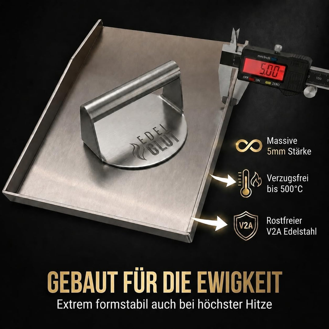 Plancha-Grillplatte-Set - 5mm Premium-Edelstahl-Grillplatte inkl. Burgerpresse, Grillspachtel, Burge
