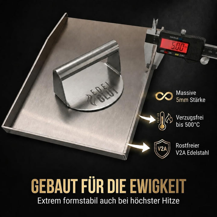 Plancha-Grillplatte-Set - 5mm Premium-Edelstahl-Grillplatte inkl. Burgerpresse, Grillspachtel, Burge