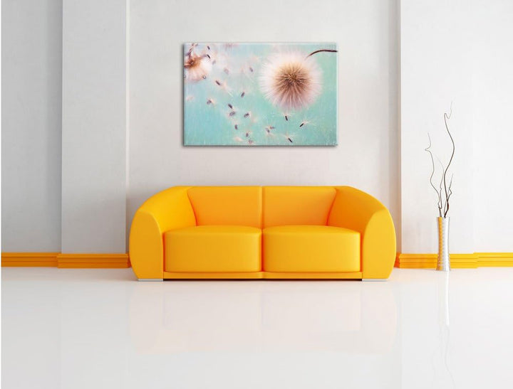 Pixxprint Pusteblumen in Bewegung / 100x70cm Leinwandbild bespannt auf Holzrahmen/Wandbild Kunstdruc