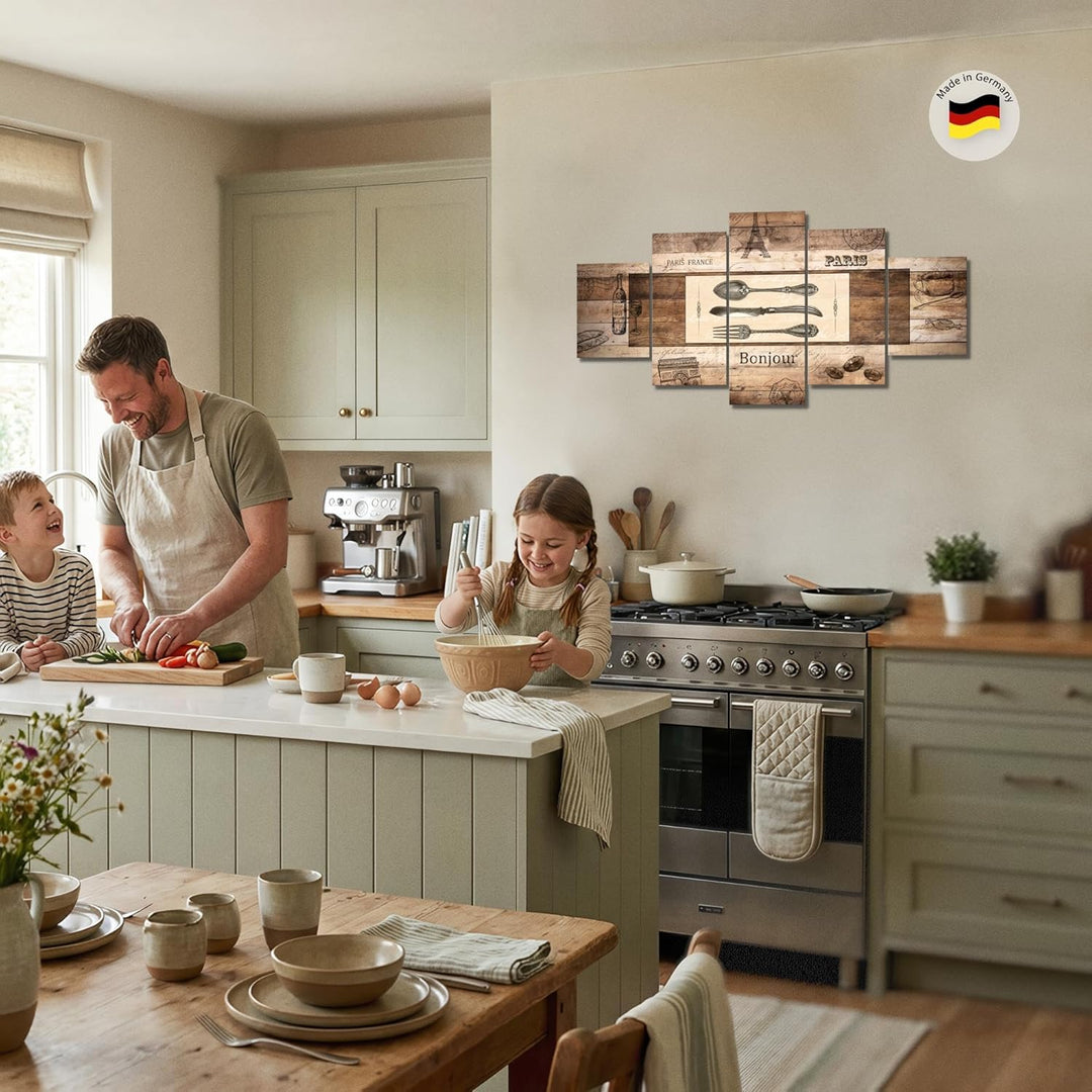 Runa Art Wandbilder Küche Holz 5 Teilig Bild auf Vlies Leinwand Deko Esszimmer Küchenbilder Vintage