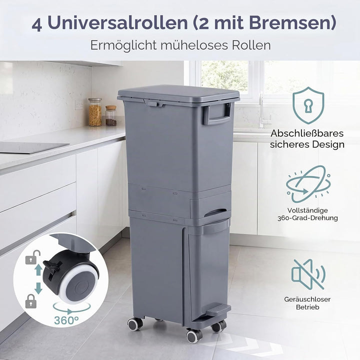 LIFEZEAL 32 L Mülleimer auf Rädern, Abfallsammler Küche, Trocken- und Nasstrennung Mülltrennsystem m