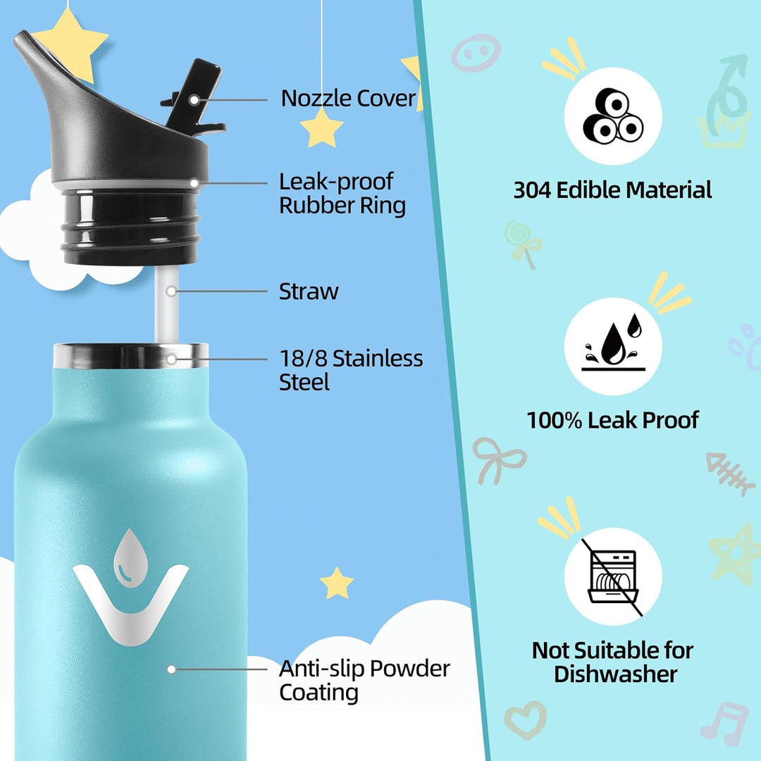 Motswedi Edelstahl Trinkflasche Kinder, 500 ml Auslaufsicher, Thermosflasche, Mit 2 Deckeln und Stro
