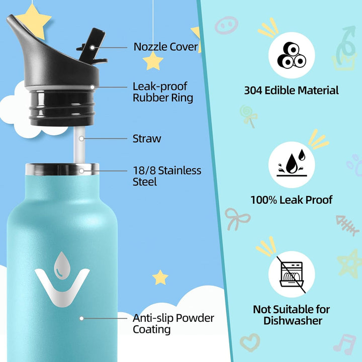 Motswedi Edelstahl Trinkflasche Kinder, 500 ml Auslaufsicher, Thermosflasche, Mit 2 Deckeln und Stro
