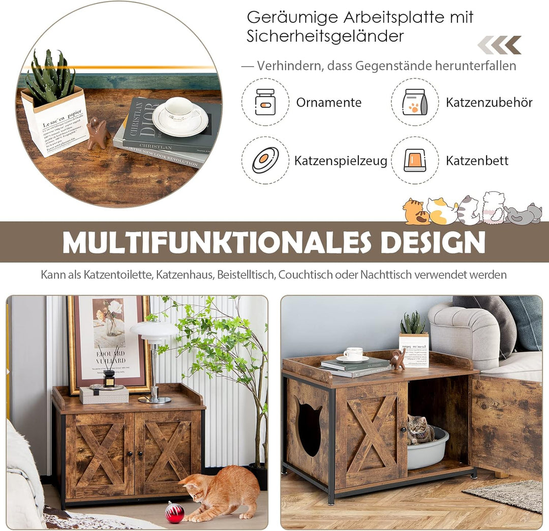 GOPLUS 2 in 1 Katzenschrank, Katzenklo mit Doppeltüren, verstellbaren Füsse und Katzenlöchern, verst