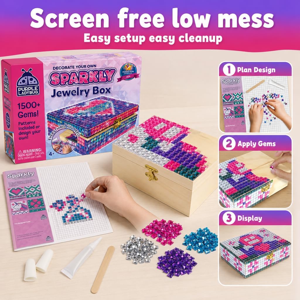 PURPLE LADYBUG Schmuckkästchen Mosaik Bastelset - Geschenk für Kinder ab 6 Jahre, Geschenk für Mädch