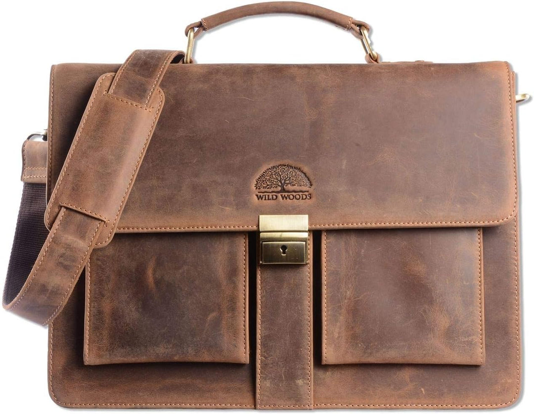 WILD WOODS Original Aktentasche Leder XL mit Laptopfach 15,6 Zoll grosse Ledertasche zum Umhängen au