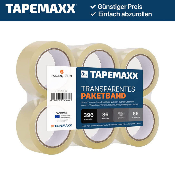 TAPEMAXX ROLLER 2 Abroller Set mit 6 Rollen Paketklebeband Transparent 47mm x66m Paketbandabroller H