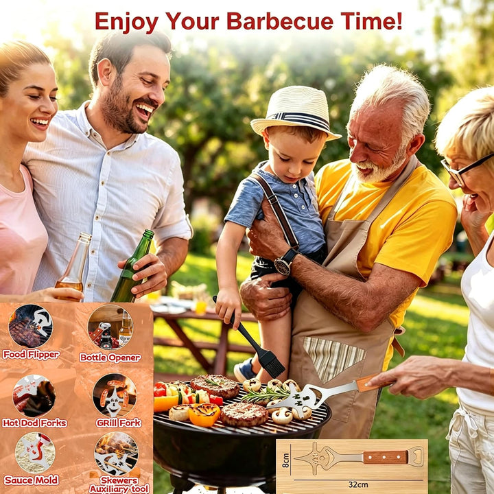 7-in-1 Grillbesteck Set 9-TLG Edelstahl mit Holzgriff Eingebaute Grillspachtel Set Funktion, Kreativ