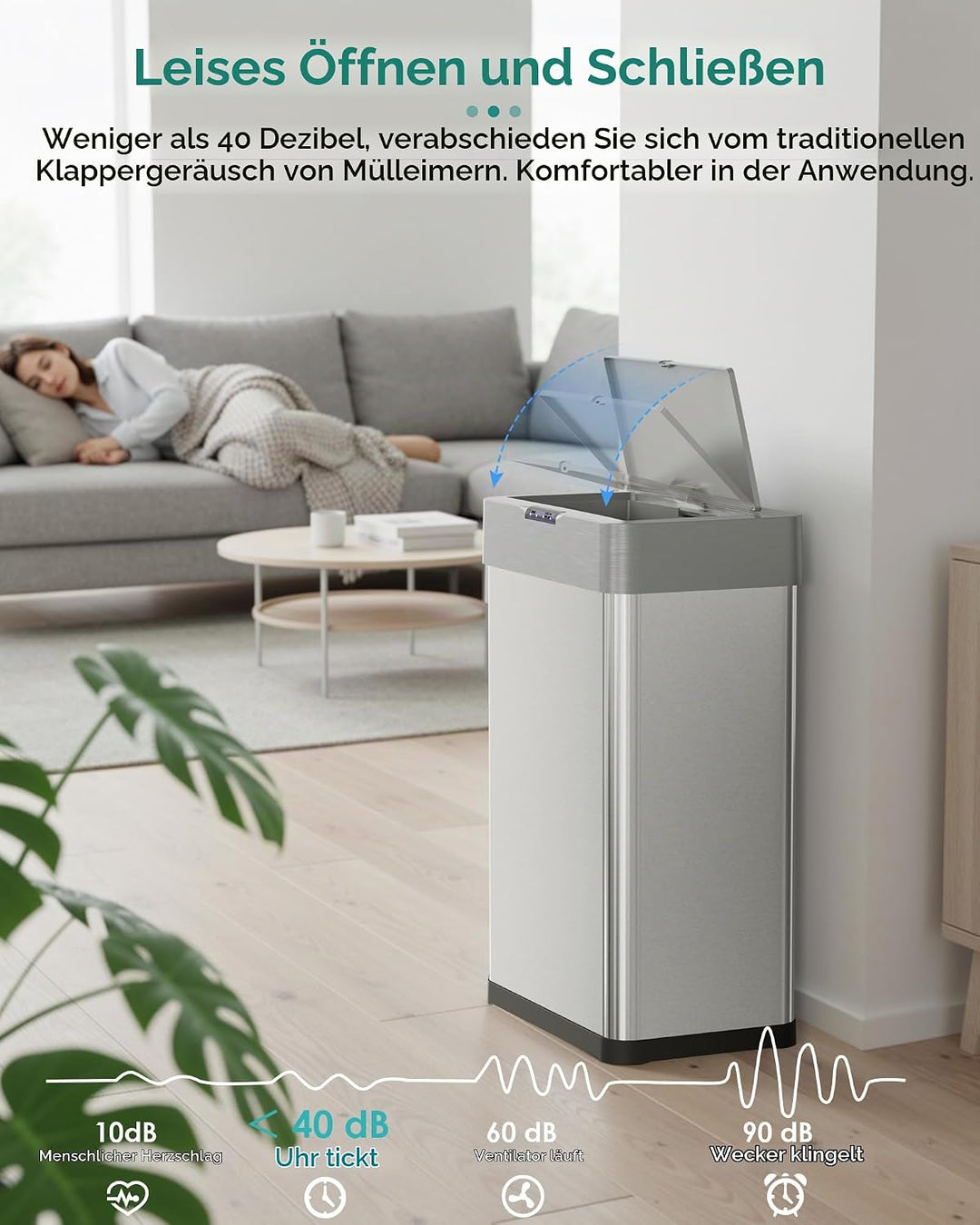 LIFERUN Mülleimer mit Sensor, Mülleimer Küche 50 Liter, Elektrisch Deckel mit Klemmring für Müllbeut