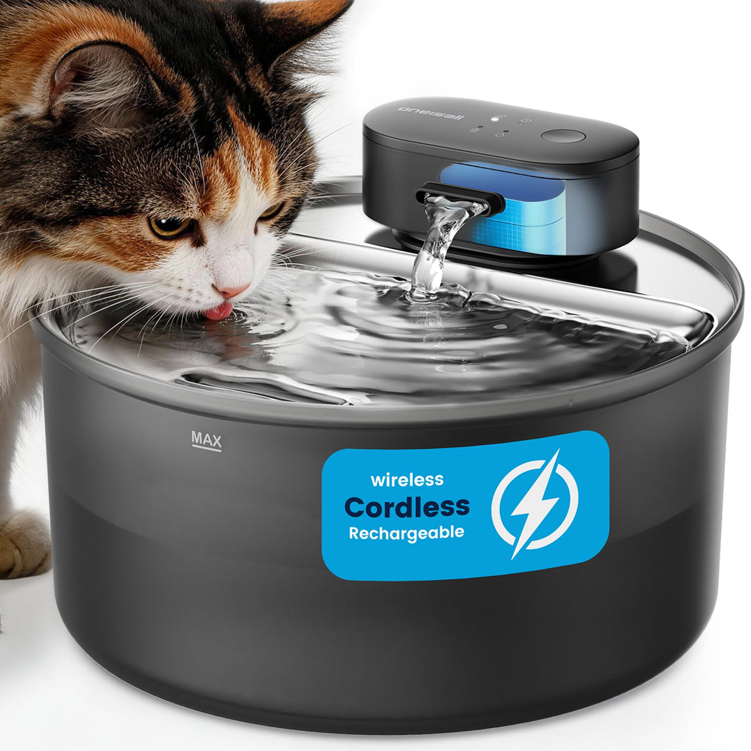 Oneisall 3.2L Kabelloser Katzenbrunnen Edelstahl mit Bewegungsmelder Katze | 4000mAh Akku 45 Tage La