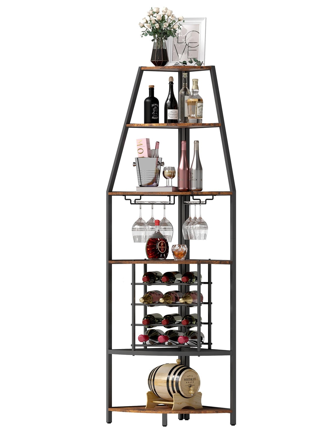 5-stöckiges Eck-Weinregal, stehend Barschrank mit Glashalter and Weinaufbewahrung, industrielles Win