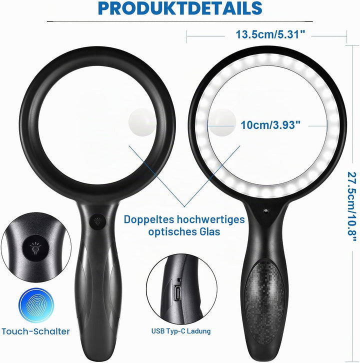 Lupe mit Licht, 60 Fach 30 Fach 33 LED Handlupe 30X Leselupe mit Licht, USB-Aufladung Lupe 3 Modi Le