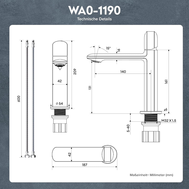doporro Wasserhahn Bad, Waschtischarmatur mit Auslaufhöhe 131 mm, Vollmessing-Körper, Mischbatterie
