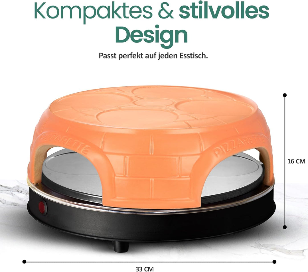 Emerio Pizzaofen, PIZZARETTE das Original, handgemachte Terracotta Tonhaube, neues PRE-BAKE Design,