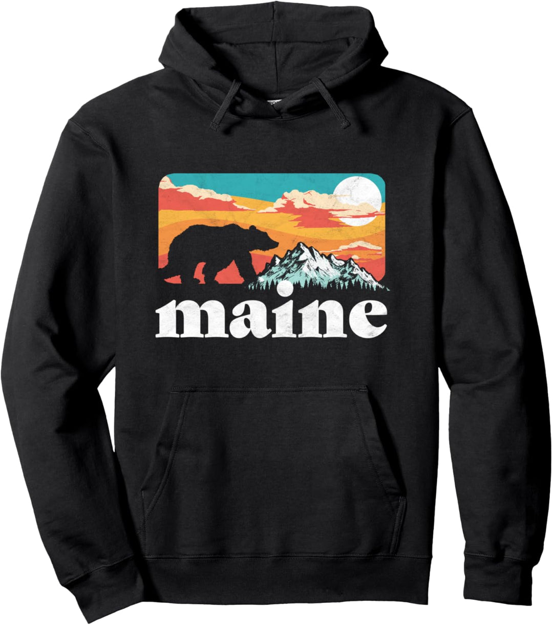 Maine Retro Bear & Mountain Vintage 80s Graphic Pullover Hoodie