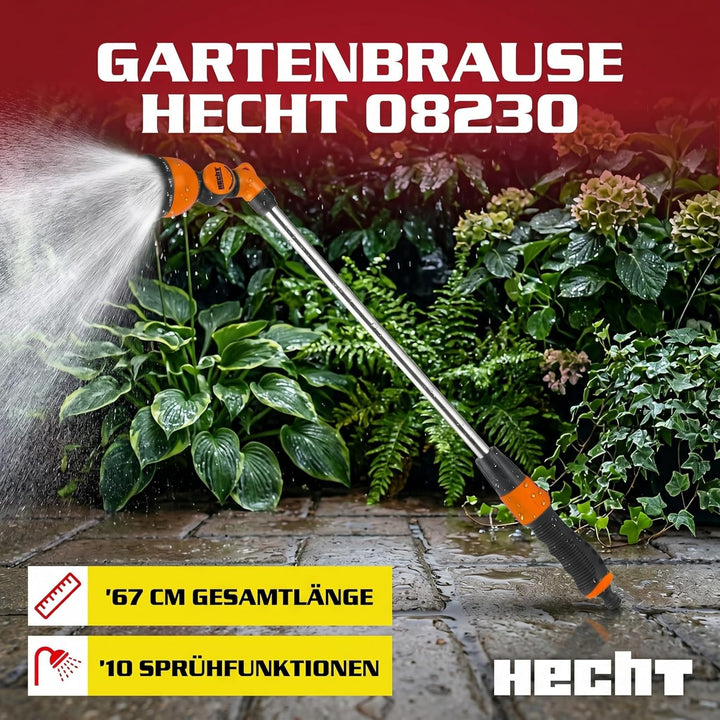 HECHT Gartenbrause mit Giessstab aus Metall, 67 cm, 10 Sprühfunktionen & 180° Sprühkopf, für Gartens