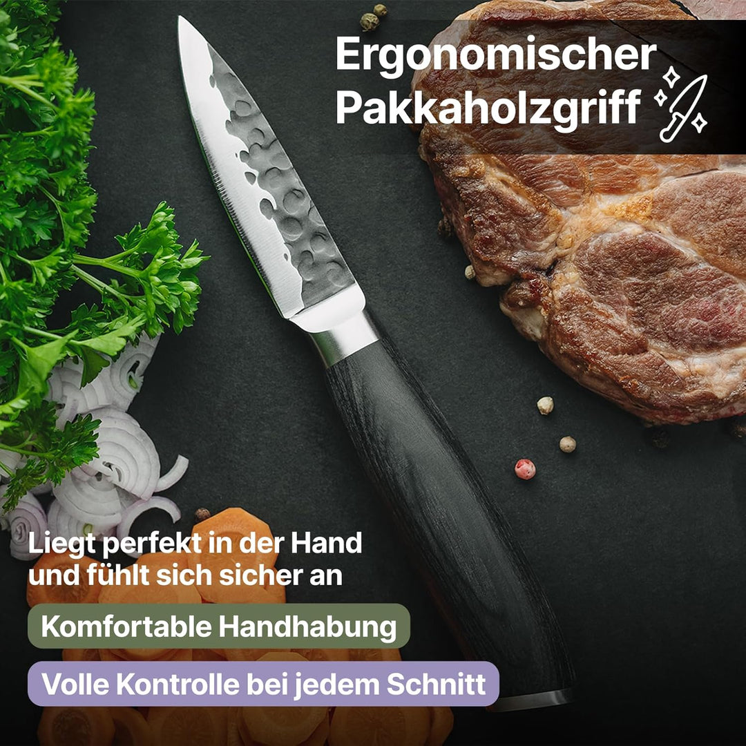 FIVI Officemesser LUCA | 9 cm | Kleines Küchenmesser aus deutschem Edelstahl mit Hammerschlag | Pakk
