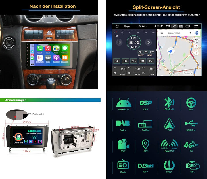 Erisin Android 12.0 8-Kern 4GB RAM+ 64GB ROM 8 Zoll Autoradio Mit GPS Navi für Mercedes Benz CLK-Kla