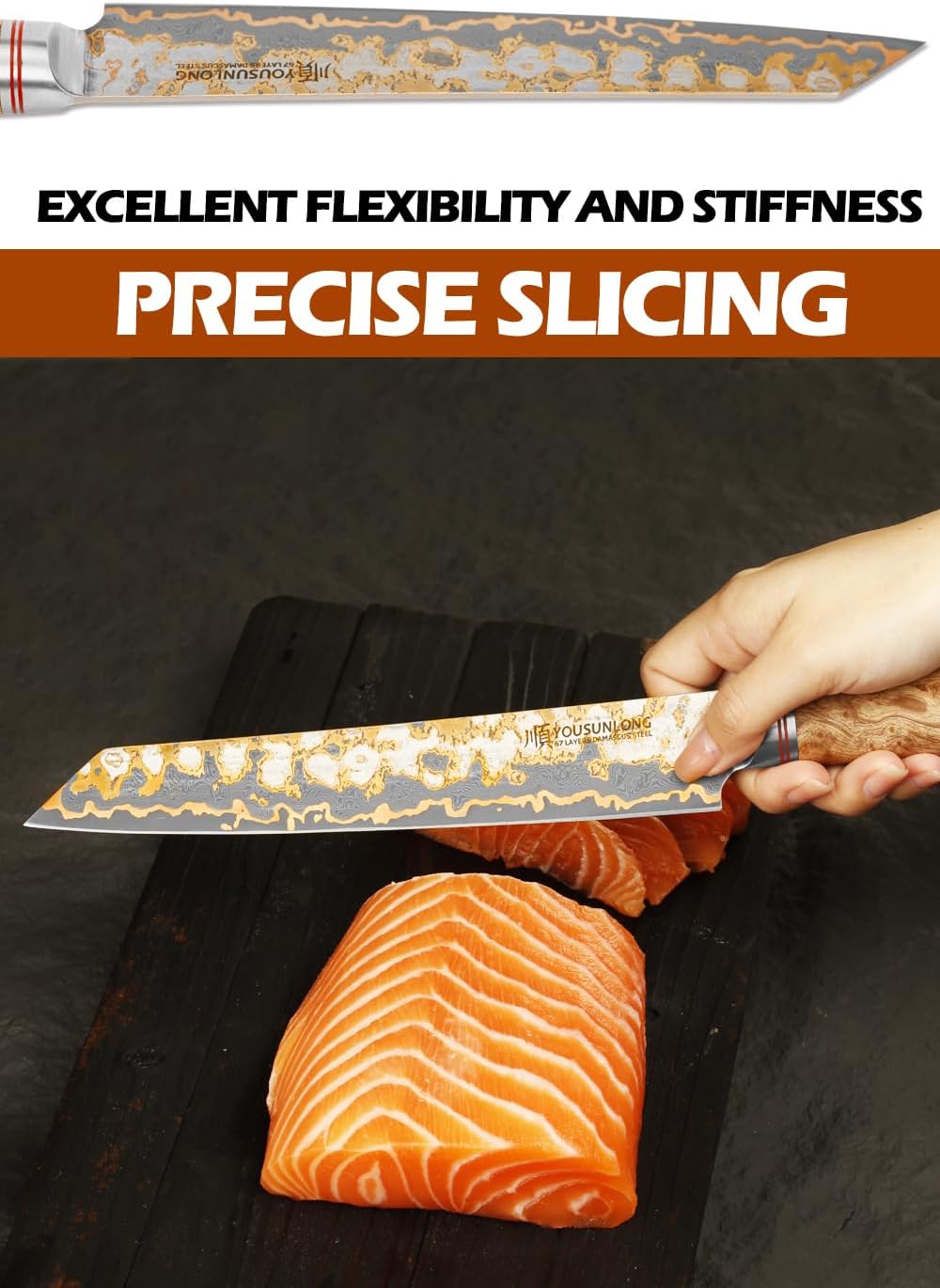 YOUSUNLONG Sujihiki Slicing-Messer,205mm Sashimi-Sushi-Messer,Handgefertigter Kupfer-Damaszener-Stah
