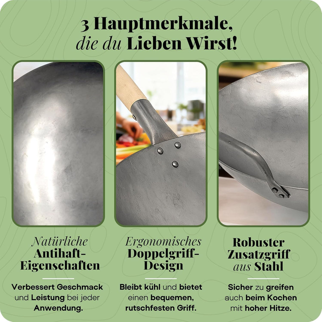 Homira Wok 36 cm handgehämmert aus Karbonstahl mit flachem Boden und Holzgriff – traditionelle PFAS-