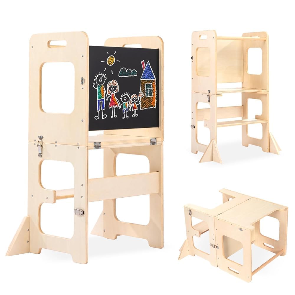 Labebe Lernturm für Kinder, Faltbarer Montessori Learning Tower, 3 in 1 Tritthocker Lernstuhl Kinder
