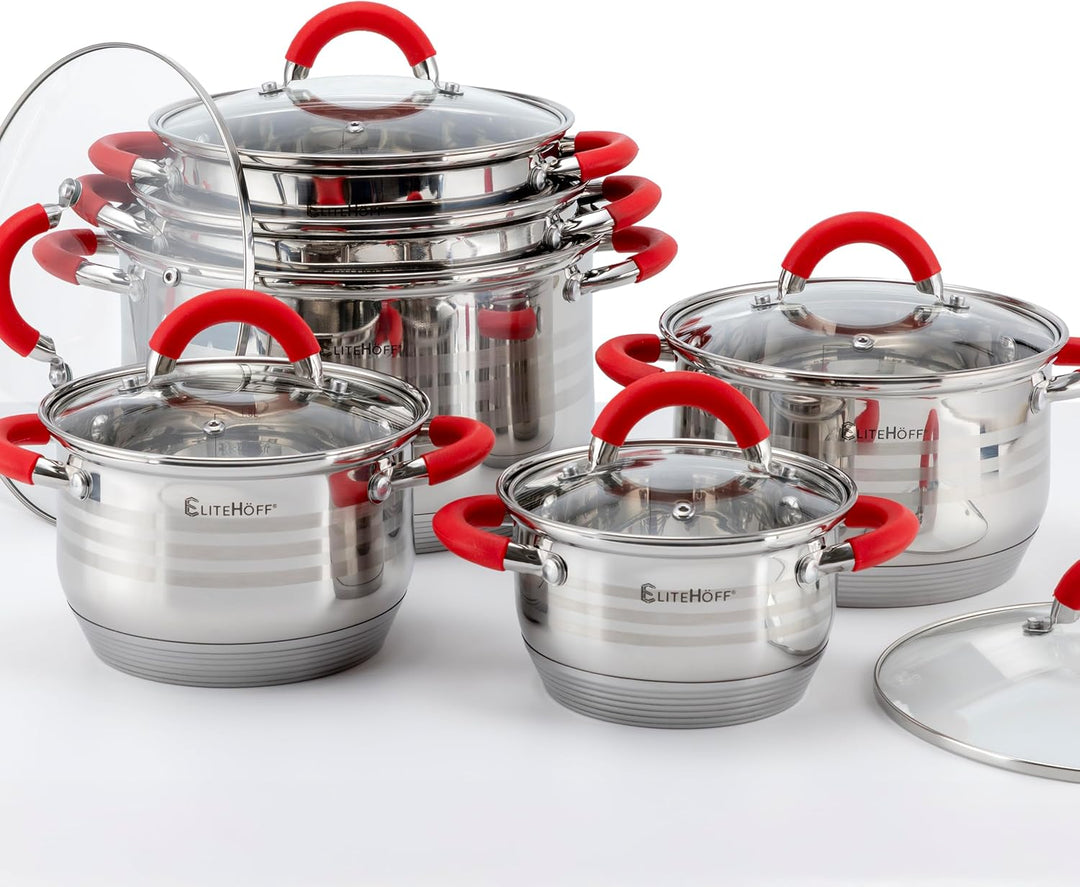 EliteHoff Topfset Induktion 12-teilig, Kochtopf Set mit Glasdeckeln und Silikongriffen, 7-lagiger Ed