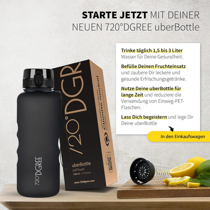 720°DGREE Trinkflasche 1,5l “uberBottle“ +Früchtebehälter - BPA-Frei, Auslaufsicher - Wasserflasche