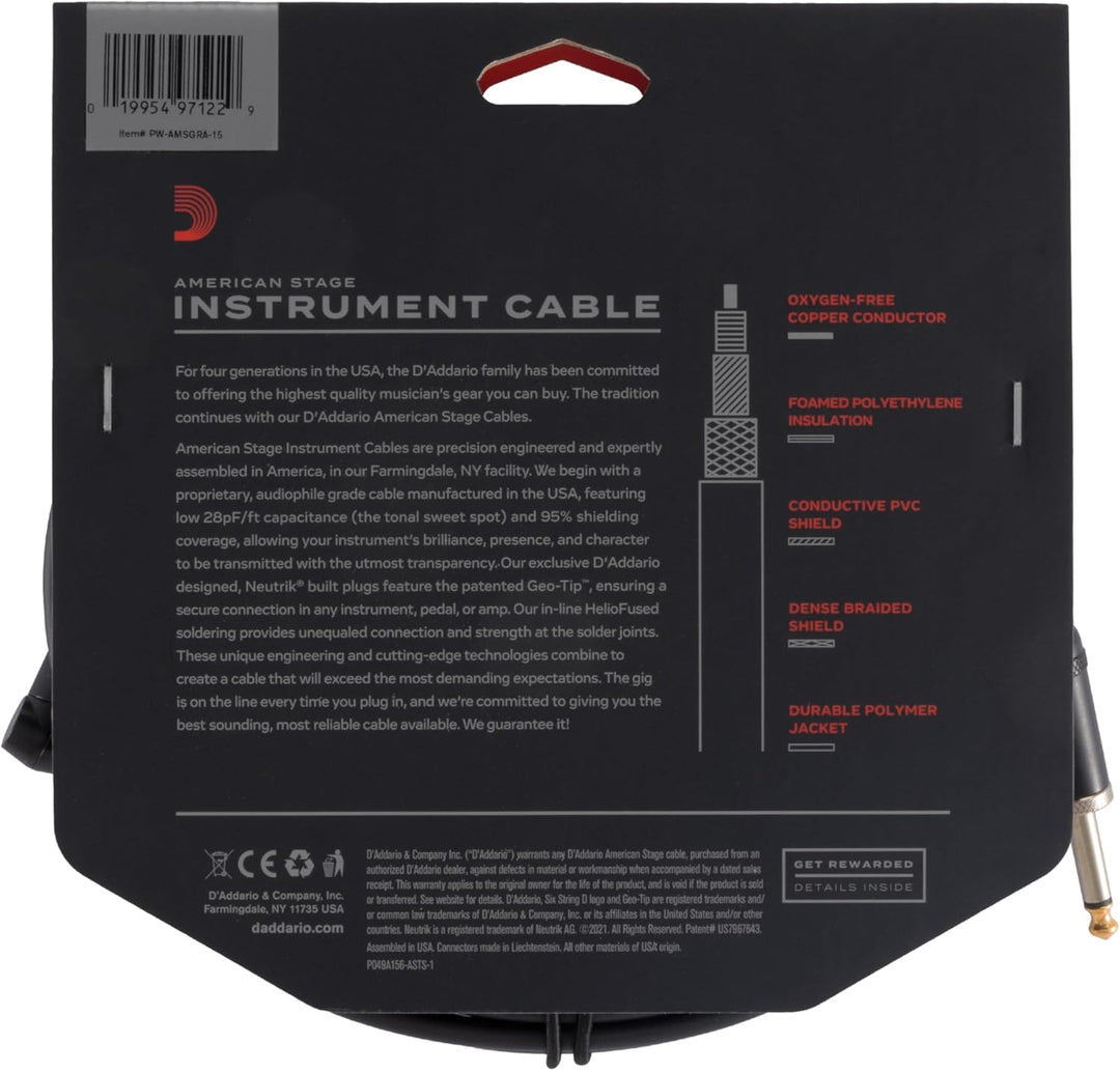 D'Addario PW-AMSGRA-15 Planet Waves American Stage Premium Instrumenten Kabel, gewinkelt 3,81m 15 Fe