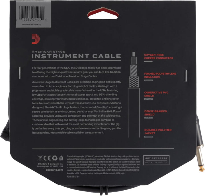 D'Addario PW-AMSGRA-15 Planet Waves American Stage Premium Instrumenten Kabel, gewinkelt 3,81m 15 Fe