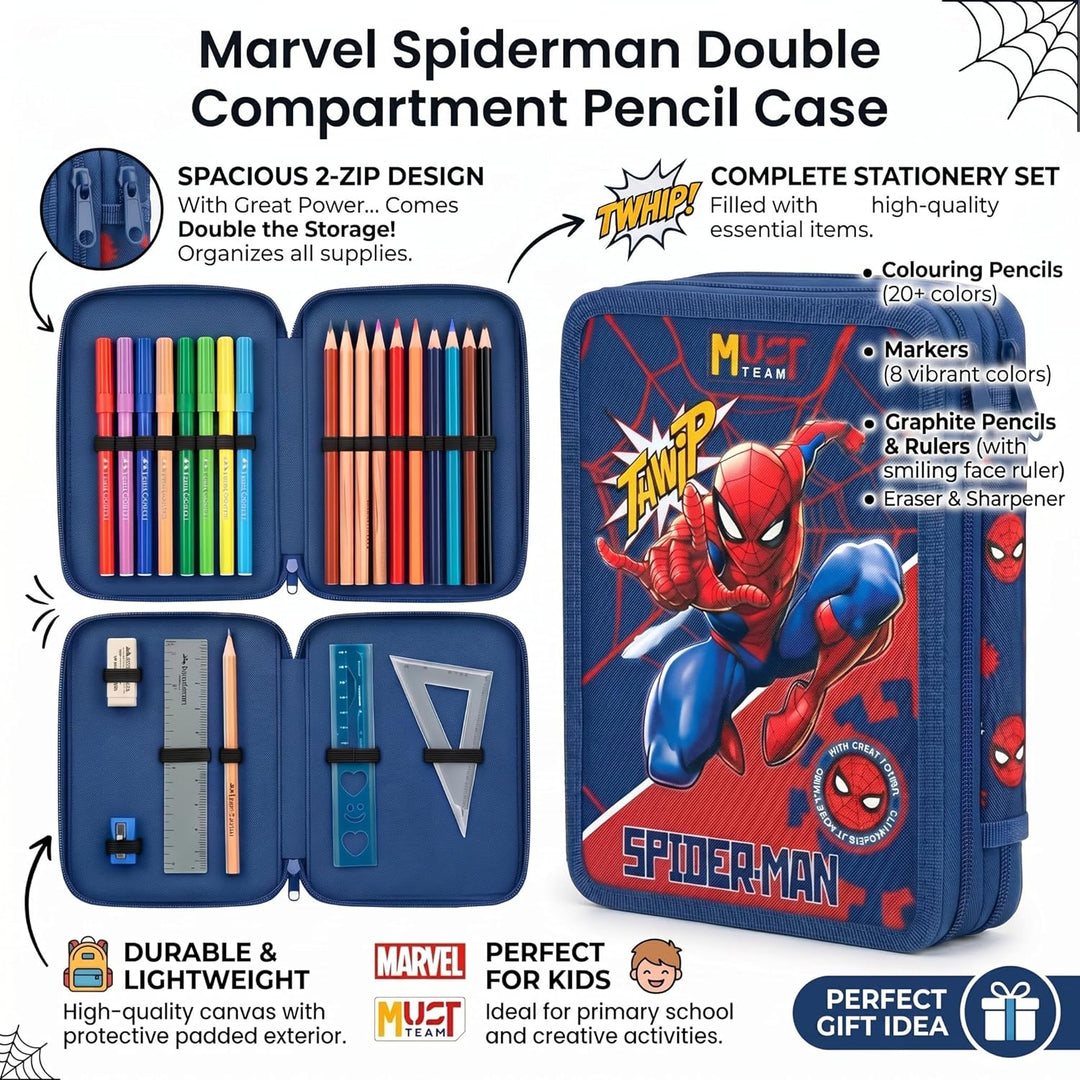 Marvel Federmäppchen für Jungen, Federmäppchen, Fächer, gefüllt, für Schule, Filz, Buntstift, Gesche