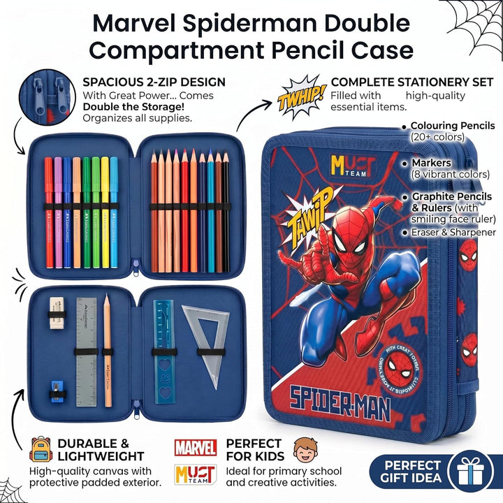Marvel Federmäppchen für Jungen, Federmäppchen, Fächer, gefüllt, für Schule, Filz, Buntstift, Gesche