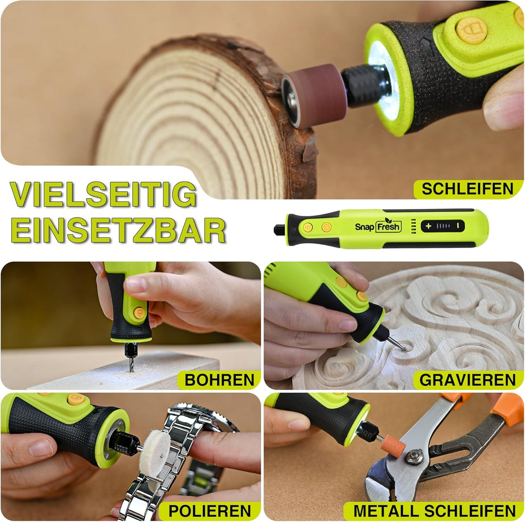 SnapFresh Rotationswerkzeug Akku 8V Set mit 46 Zubehörteilen, 0,26 kg leicht, bis zu 40Min Laufzeit,