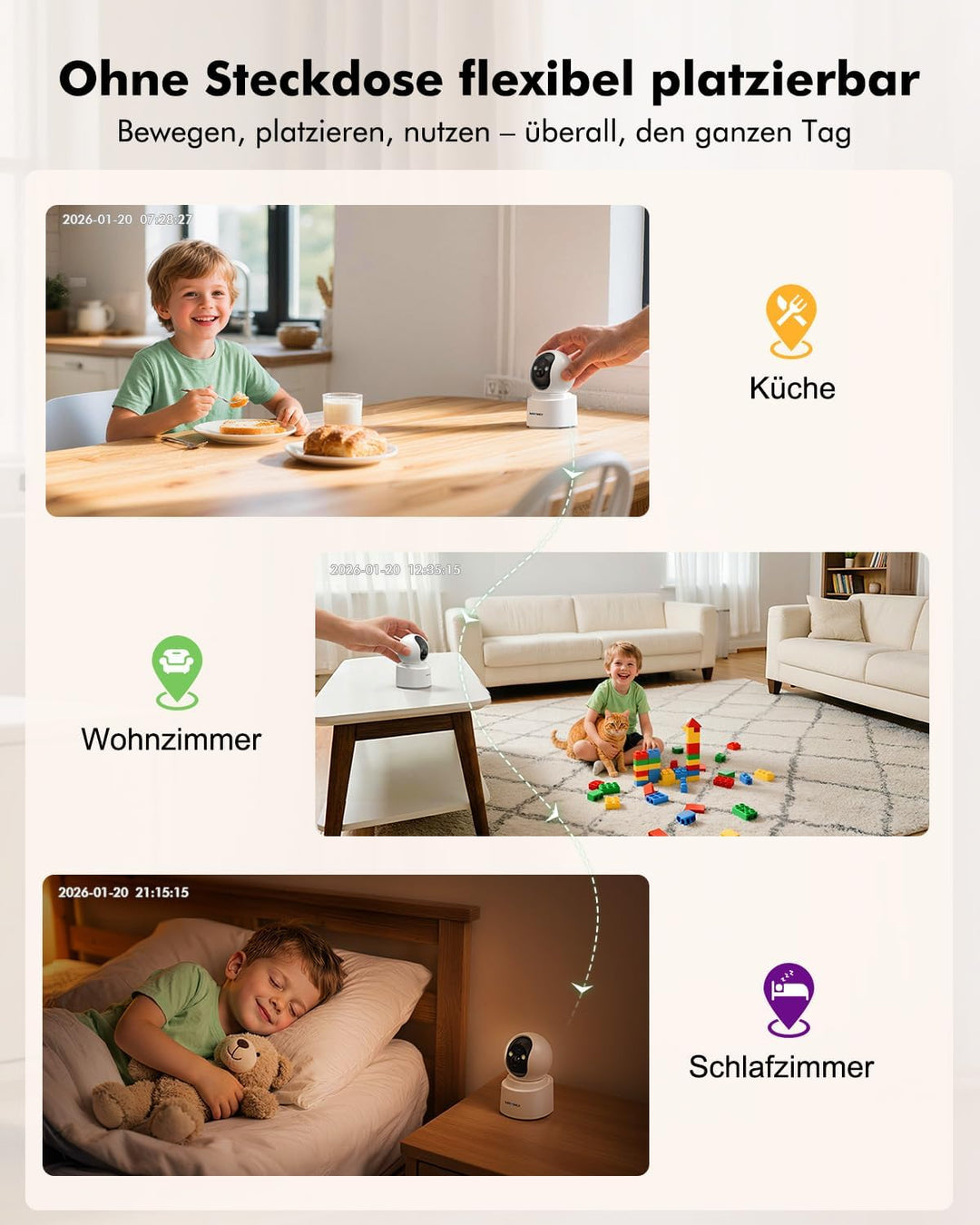 2,5K/4MP Überwachungskamera Innen WLAN mit 6000mAh Akku, 360° PTZ kabellose überwachungskamera, 2,4/