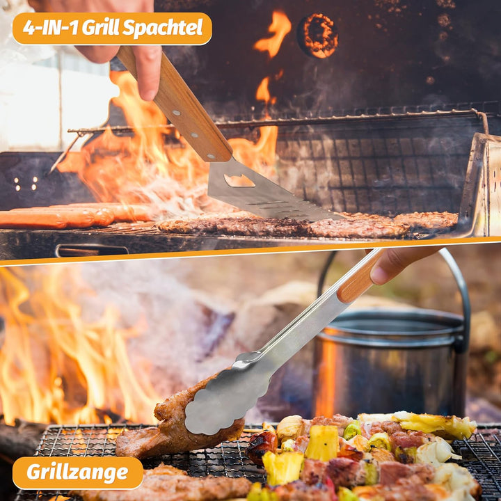 PURPLEBIRD Grillbesteckset 5-TLG, Profi Edelstahl Gril Zubehör Werkzeug Set, Tragetasche mit Schürze