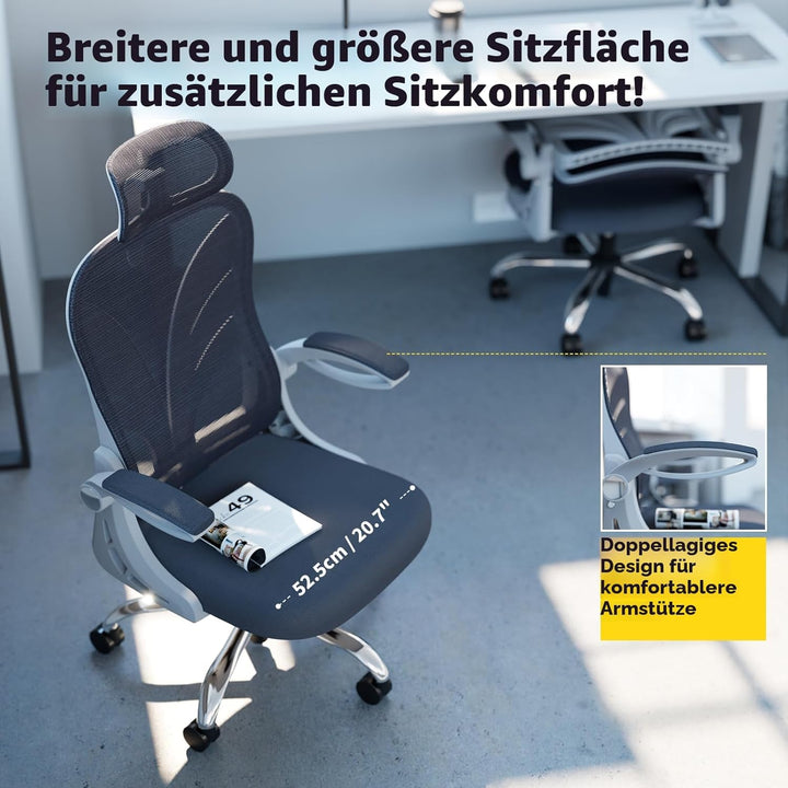 HOLLUDLE Ergonomischer Bürostuhl mit Klappbarer Rückenlehne, Schreibtischstuhl mit 2D Kopfstütze, Ho