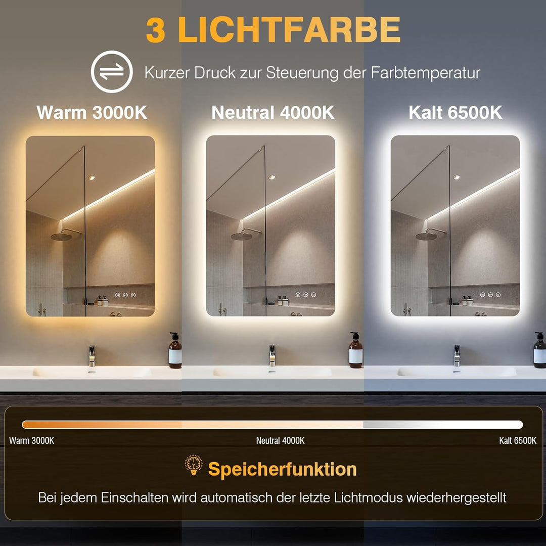 Badezimmerspiegel mit Beleuchtung 50 x 70cm, LED Spiegel Bad mit Antibeschlag, 3 Lichtfarben, Dimmba