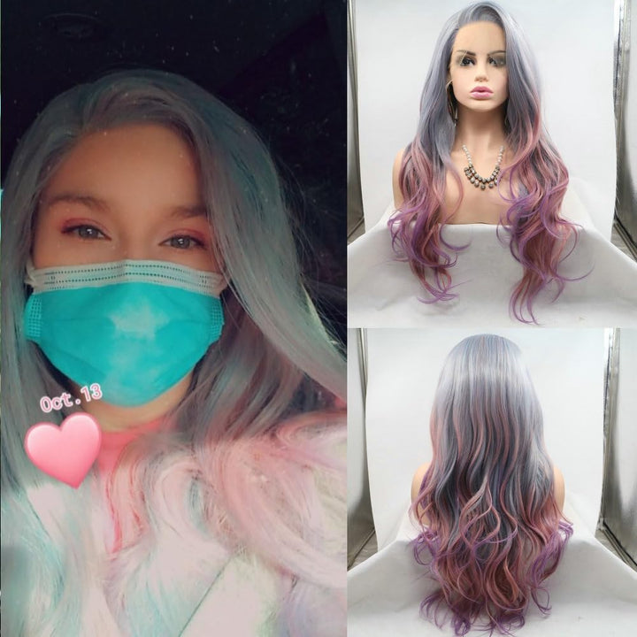Mermaid Wig Natural Hairline Side Part Synthetic Lace Front Wigs For Drag Queen Mixed Colorful Body