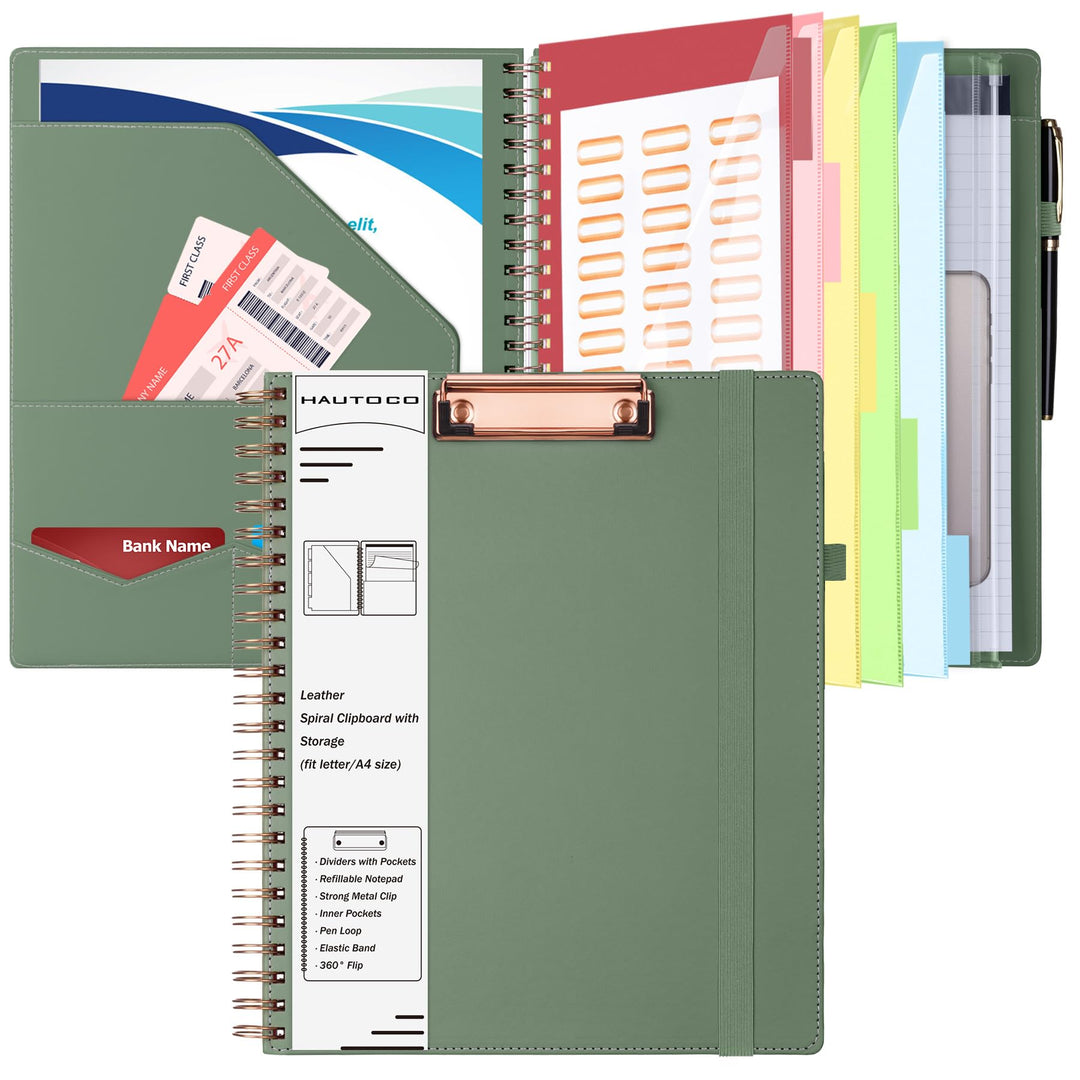 HAUTOCO Klemmbrett Folio Mit A4 Zip Beutel, Klemmbrettmappe Mit Nachfüllbarem Notizblock, 5 Ordnern