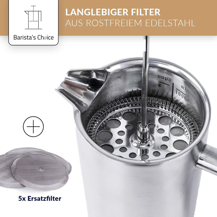 Barista's Choice French Press (max. 1 Liter) - hochwertiger Kaffeebereiter aus Edelstahl im edlen De