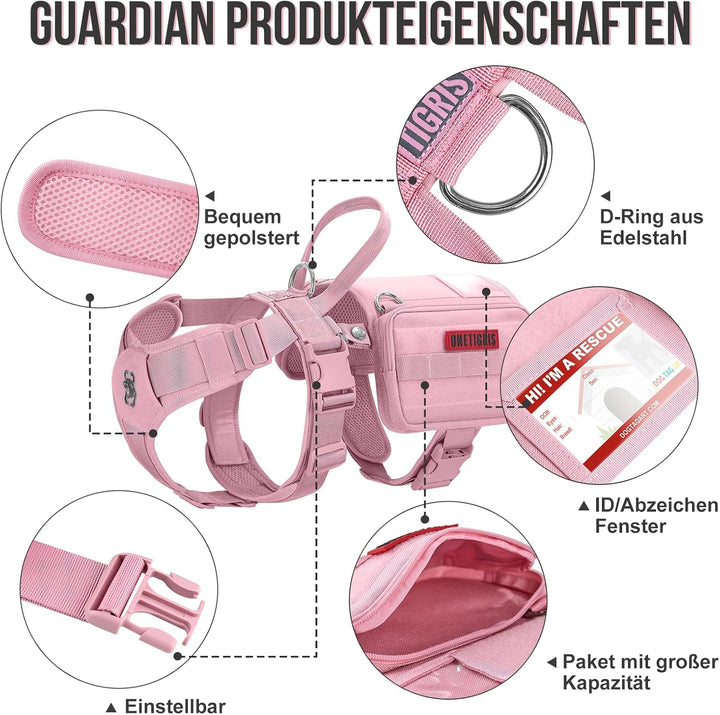 OneTigris Service Hundegeschirr, Guardian Geschirr mit 3 Edelstahl D-Ringen und Grosser Kapazität Ta