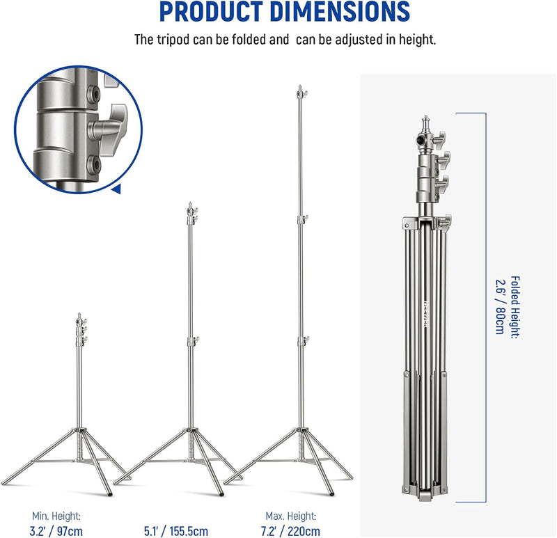 NEEWER 7,2Fuss/2,2m Edelstahl Lichtständer,gefederter Hochleistungs Stativständer für Fotografie mit