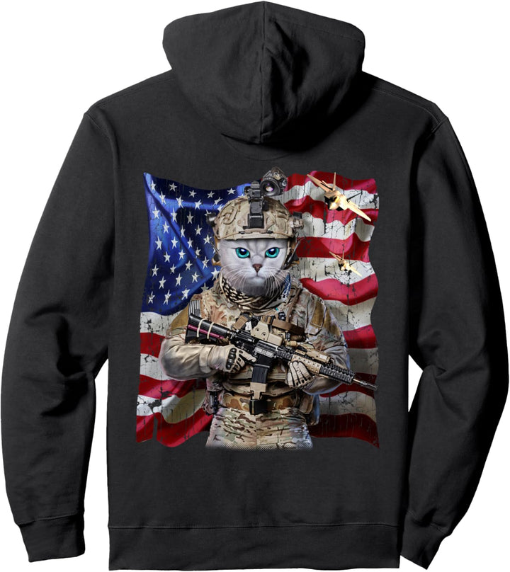 Weisse Katze als Infanterist mit Flagge der USA Pullover Hoodie