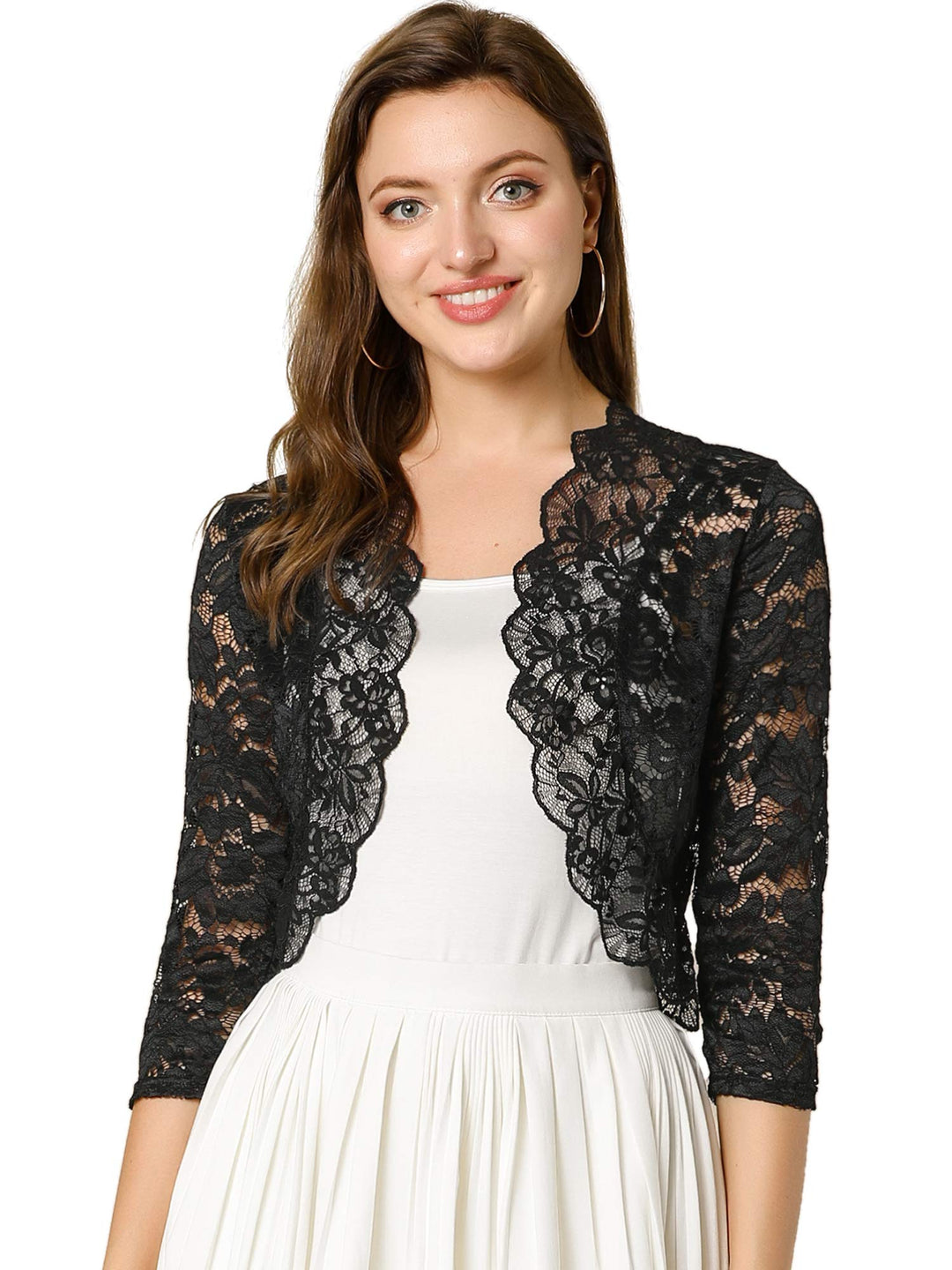 Allegra K Elegantes Damen-Oberteil mit 3/4-Ärmeln, durchscheinend, florales Spitzenoberteil S Schwar