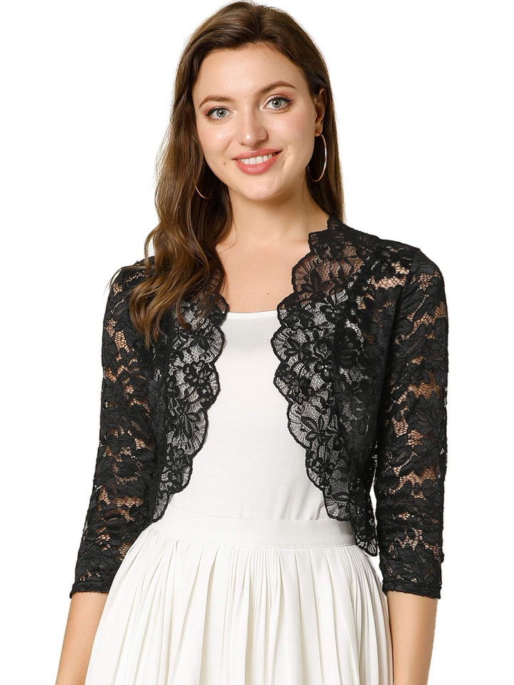 Allegra K Elegantes Damen-Oberteil mit 3/4-Ärmeln, durchscheinend, florales Spitzenoberteil XS Schwa